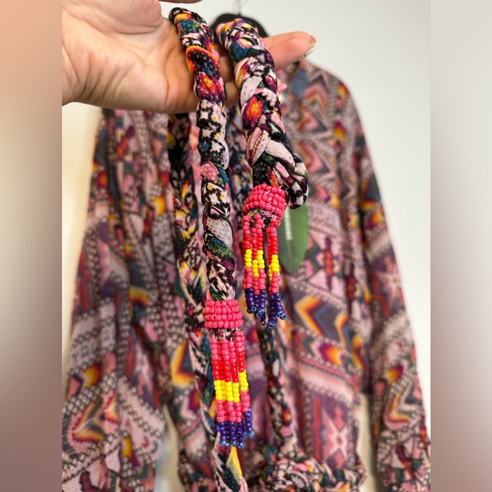 NWT Farm Rio Amulet Maxi Boho Sleeved Belted Aztec Sheer Dress Sz Large - Picture 11 of 17